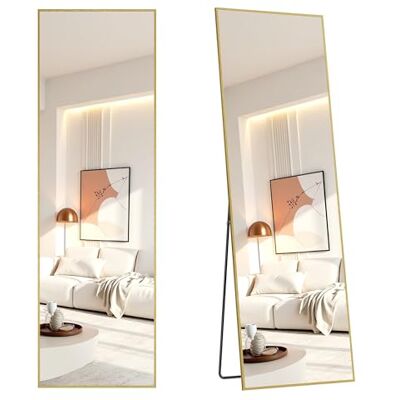 SONGMICS Spiegel in volledige lengte, rechthoekige vloerspiegel met standaard, frame van aluminiumlegering, gehard glas, voor slaapkamer, woonkamer, kleedkamer, vierkante hoek, 160 x 50 cm, lichtgoud SONGMICS Spiegel in volledige lengte, rechthoekige vloerspiegel met standaard, frame van aluminiumlegering, gehard glas, voor slaapkamer, woonkamer, kleedkamer, vierkante hoek, 160 x 50 cm, lichtgoud
