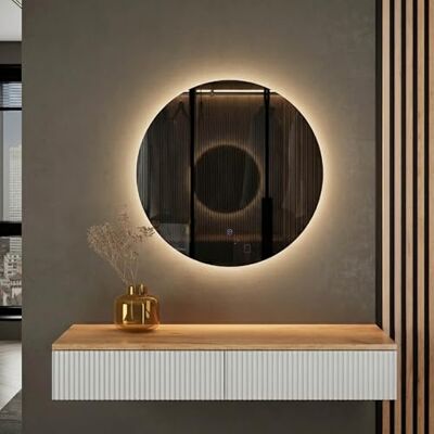 Planetmöbel Nova Hangkast consoletafel 100 cm met spiegel met ronde verlichting (zonder lijst), wandconsole 100 x 16 x 35 cm (eiken goud/wit), wandspiegel Nova 60 x 60 cm Planetmöbel Nova Hangkast consoletafel 100 cm met spiegel met ronde verlichting (zonder lijst), wandconsole 100 x 16 x 35 cm (eiken goud/wit), wandspiegel Nova 60 x 60 cm