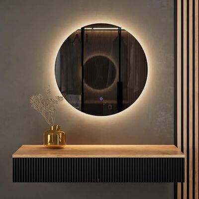 Planetmöbel Nova Hangkast consoletafel 100 cm met spiegel met ronde verlichting (zonder lijst), wandconsole 100 x 16 x 35 cm (eiken goud/zwart), wandspiegel Nova 60 x 60 cm Planetmöbel Nova Hangkast consoletafel 100 cm met spiegel met ronde verlichting (zonder lijst), wandconsole 100 x 16 x 35 cm (eiken goud/zwart), wandspiegel Nova 60 x 60 cm