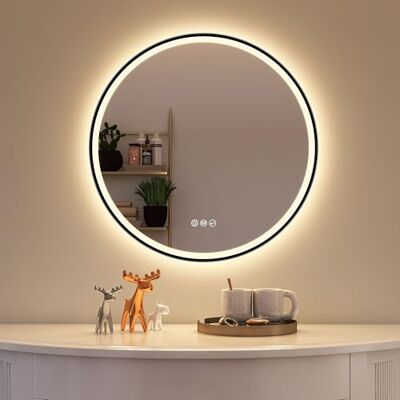 STARLEAD Spiegel met verlichting 60 cm, Bluetooth, anti-condens, led-badkamerspiegel met 3 lichtkleuren, dimbaar, geheugenfunctie, IP44 wandspiegel, HD gehard glas, zwart STARLEAD Spiegel met verlichting 60 cm, Bluetooth, anti-condens, led-badkamerspiegel met 3 lichtkleuren, dimbaar, geheugenfunctie, IP44 wandspiegel, HD gehard glas, zwart
