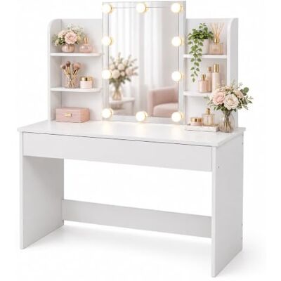 Relaxdays Hollywood kaptafel met spiegel, wit verlichting, lade, 140 x 108 x 40 cm, make-uptafel Relaxdays Hollywood kaptafel met spiegel, wit verlichting, lade, 140 x 108 x 40 cm, make-uptafel