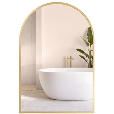 SONGMICS LWM011AB01 Badkamerspiegel, gebogen wandspiegel, aluminium frame, 91 x 61 cm, met veiligheidsfolie, eenvoudige installatie voor woonkamer, slaapkamer, badkamer, lichtgoud SONGMICS LWM011AB01 Badkamerspiegel, gebogen wandspiegel, aluminium frame, 91 x 61 cm, met veiligheidsfolie, eenvoudige installatie voor woonkamer, slaapkamer, badkamer, lichtgoud