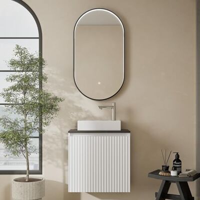 Planetmöbel wastafelonderstel 56 x 55 x 30 cm wit en gouden eiken, spiegel met verlichting, 50 x 90 cm, spiegel met frame, ovaal, 3 verlichtingsniveaus Planetmöbel wastafelonderstel 56 x 55 x 30 cm wit en gouden eiken, spiegel met verlichting, 50 x 90 cm, spiegel met frame, ovaal, 3 verlichtingsniveaus