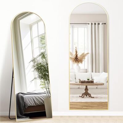 Melodieux Spiegel in volledige lengte, 147 x 44 cm, boog, grote vrijstaande spiegel, aluminium frame, goud, voor kleedkamer, woonkamer, slaapkamer Melodieux Spiegel in volledige lengte, 147 x 44 cm, boog, grote vrijstaande spiegel, aluminium frame, goud, voor kleedkamer, woonkamer, slaapkamer