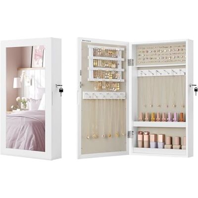SONGMICS JJC051W02 Sieradenkast, wandmontage, afsluitbaar, spiegel met opslag, ruimtebesparend, wit oppervlak en grijze voering SONGMICS JJC051W02 Sieradenkast, wandmontage, afsluitbaar, spiegel met opslag, ruimtebesparend, wit oppervlak en grijze voering