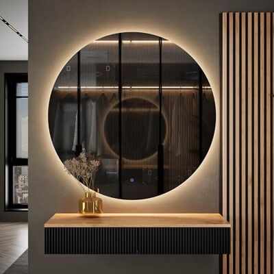 Planetmöbel Nova Hangkast consoletafel 100 cm met spiegel met ronde verlichting (zonder lijst), wandconsole 100 x 16 x 35 cm (eiken goud/zwart), wandspiegel Nova 100 x 100 cm Planetmöbel Nova Hangkast consoletafel 100 cm met spiegel met ronde verlichting (zonder lijst), wandconsole 100 x 16 x 35 cm (eiken goud/zwart), wandspiegel Nova 100 x 100 cm