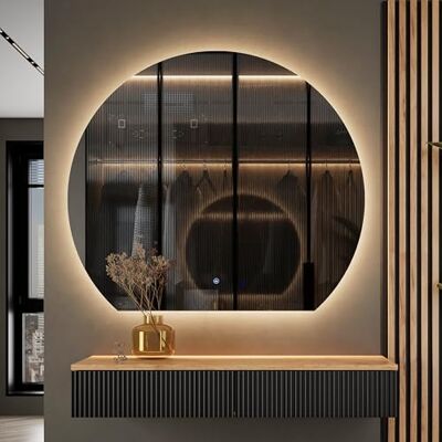 Planetmöbel Aube Garderobeset voor hal, consoletafel 100 cm met spiegel met halfronde verlichting, wandconsole 100 x 16 x 35 cm (eiken goud/zwart), wandspiegel Aube 100 x 90 cm Planetmöbel Aube Garderobeset voor hal, consoletafel 100 cm met spiegel met halfronde verlichting, wandconsole 100 x 16 x 35 cm (eiken goud/zwart), wandspiegel Aube 100 x 90 cm