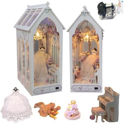 TOPBSFARNY Doe-het-zelf poppenhuis met muziekbeweging, bruiloftsthema boekenhoekset, illusie spiegel ontwerp, boekenkast, kantoordecoratie, model TOPBSFARNY Doe-het-zelf poppenhuis met muziekbeweging, bruiloftsthema boekenhoekset, illusie spiegel ontwerp, boekenkast, kantoordecoratie, model