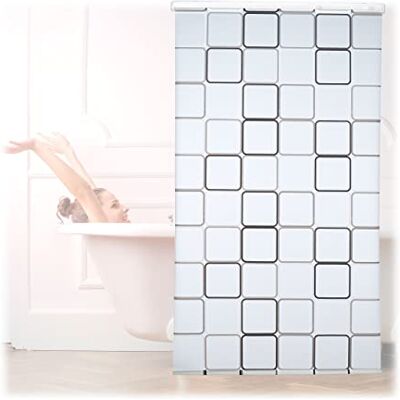 Relaxdays Retro waterafstotend vierkant douchegordijn voor badkamer en douche, plafondmontage, 120 x 240 cm, semi-transparant Relaxdays Retro waterafstotend vierkant douchegordijn voor badkamer en douche, plafondmontage, 120 x 240 cm, semi-transparant