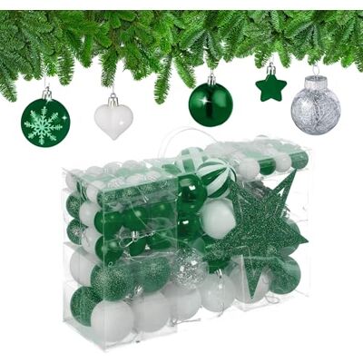 Relaxdays Kerstballen, set van 101 stuks, kunststof, kerstboomversiering, donkergroen/wit Relaxdays Kerstballen, set van 101 stuks, kunststof, kerstboomversiering, donkergroen/wit