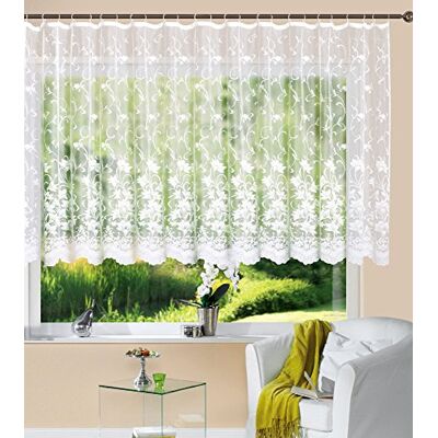 Gardinenbox Kort jacquard-gordijn 145 x 450 cm (h x b), universele plooiband, wit, bloemenpatroon, transparante voile voor woonkamer Gardinenbox Kort jacquard-gordijn 145 x 450 cm (h x b), universele plooiband, wit, bloemenpatroon, transparante voile voor woonkamer