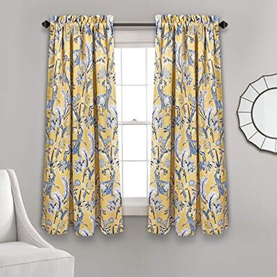Lush Decor Dolores 1 paar lichtfilterende raamgordijnen, 132,1 cm breed x 160 cm lang, geel, canvas gordijnen, bloemen- en vogelprint, Franse landelijke gordijnen, cottage Lush Decor Dolores 1 paar lichtfilterende raamgordijnen, 132,1 cm breed x 160 cm lang, geel, canvas gordijnen, bloemen- en vogelprint, Franse landelijke gordijnen, cottage