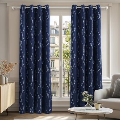 Deconovo Warmte-isolerende, verduisterende gordijnen met ringen voor de woonkamer, tegen de kou, bedrukt met zilverkleurige stippellijnen, keukengordijnen, 140 x 245 cm, marineblauw, set van 2 Deconovo Warmte-isolerende, verduisterende gordijnen met ringen voor de woonkamer, tegen de kou, bedrukt met zilverkleurige stippellijnen, keukengordijnen, 140 x 245 cm, marineblauw, set van 2