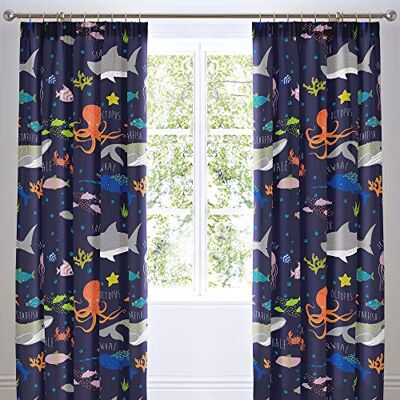 Bedlam Gordijnen zeedieren twee panelen 168 x 183 cm (b x l) haaien, vissen en walvissen beddengoed voor kinderen donkerblauwe geplooide gordijnen voor jongens slaapkameraccessoires Bedlam Gordijnen zeedieren twee panelen 168 x 183 cm (b x l) haaien, vissen en walvissen beddengoed voor kinderen donkerblauwe geplooide gordijnen voor jongens slaapkameraccessoires