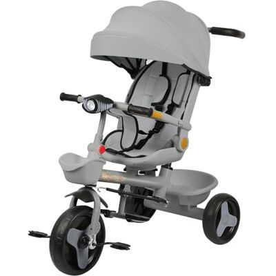 Willonin Kinderdriewieler, 5-in-1 driewieler, licht en muziek, omhullende zitting, zitting en kanteling, kinderwagen met 4 wielen, afneembare leuningen, bekerhouder, grijs Willonin Kinderdriewieler, 5-in-1 driewieler, licht en muziek, omhullende zitting, zitting en kanteling, kinderwagen met 4 wielen, afneembare leuningen, bekerhouder, grijs