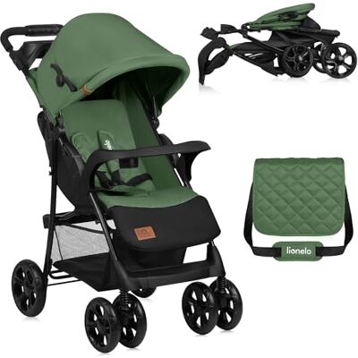 Lionelo Emma Plus Lichte en compacte kinderwagen, met 1 hand inklapbaar, kantelbare rugleuning, luifel XXL met patrijspoort, 5-punts riem, tas en lade, grote mand, comfort en veiligheid, van 6 tot 36 maanden, groen Lionelo Emma Plus Lichte en compacte kinderwagen, met 1 hand inklapbaar, kantelbare rugleuning, luifel XXL met patrijspoort, 5-punts riem, tas en lade, grote mand, comfort en veiligheid, van 6 tot 36 maanden, groen