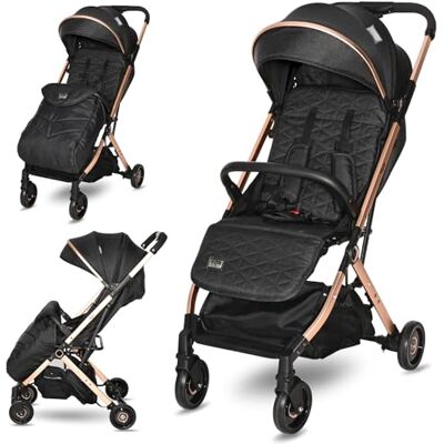 Lorelli Myla kinderwagen met aluminium frame en opvouwbare voetenzak met extra handgreep, kleur: zwart/goud Lorelli Myla kinderwagen met aluminium frame en opvouwbare voetenzak met extra handgreep, kleur: zwart/goud