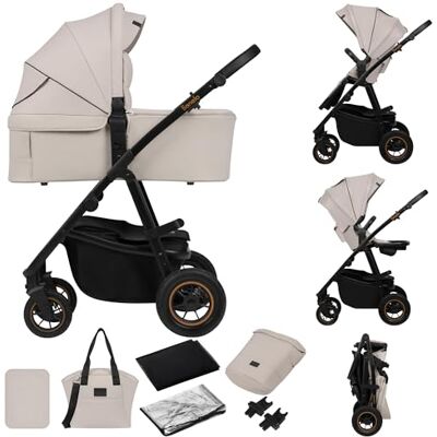 Lionelo Amber Plus 2-in-1 combi-kinderwagen met XXL-reiswieg en omkeerbare zitting, vanaf de geboorte tot 22 kg, opblaasbare all-terrain wielen, XXL kap UPF50+, compact opvouwbaar, accessoires Lionelo Amber Plus 2-in-1 combi-kinderwagen met XXL-reiswieg en omkeerbare zitting, vanaf de geboorte tot 22 kg, opblaasbare all-terrain wielen, XXL kap UPF50+, compact opvouwbaar, accessoires