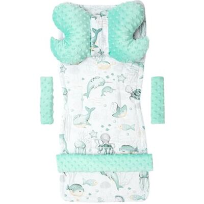 Medi Partners Universeel kussen voor zitting en kinderwagen, 5-delig, kinderwageninzetstuk, overlay voor riemen + voor de Minky katoenen haarband (Oceaan mint mint) Medi Partners Universeel kussen voor zitting en kinderwagen, 5-delig, kinderwageninzetstuk, overlay voor riemen + voor de Minky katoenen haarband (Oceaan mint mint)