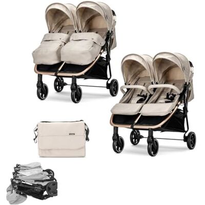 Lorelli Opvouwbare en verstelbare dubbele kinderwagen met voetenbescherming, luiertas, crème Lorelli Opvouwbare en verstelbare dubbele kinderwagen met voetenbescherming, luiertas, crème