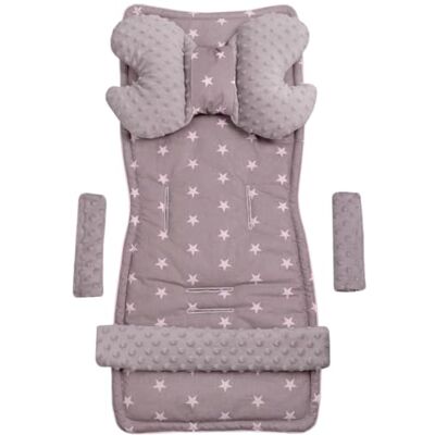 Medi Partners Universeel stoelkussen voor kinderwagens en buggy's, zitmeubel, kinderwagendeken, 5-delig, gordelkussen + speelboog, kinderwagenset, katoen, sterren met grijze minky Medi Partners Universeel stoelkussen voor kinderwagens en buggy's, zitmeubel, kinderwagendeken, 5-delig, gordelkussen + speelboog, kinderwagenset, katoen, sterren met grijze minky