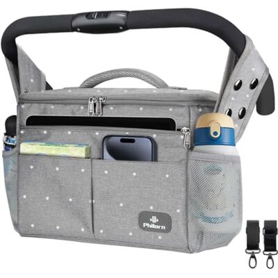 PHILORN Kinderwagen-organizer met geïsoleerde bekerhouder, schouderriem met grote capaciteit, universele kinderwagentas, grijs gestippeld PHILORN Kinderwagen-organizer met geïsoleerde bekerhouder, schouderriem met grote capaciteit, universele kinderwagentas, grijs gestippeld