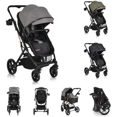 Moni Rafaello 2-in-1 combi-kinderwagen, converteerbaar, sportstoel, voetenbescherming, tas, kleur: grijs Moni Rafaello 2-in-1 combi-kinderwagen, converteerbaar, sportstoel, voetenbescherming, tas, kleur: grijs
