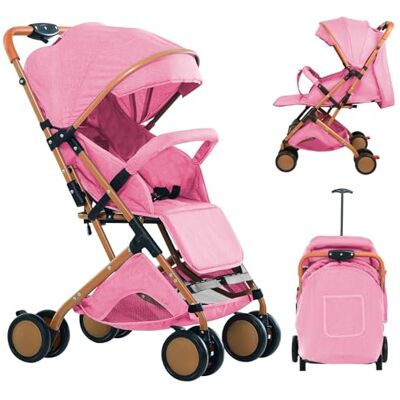 Willonin Kinderwagen, kinderwagen voor baby's, licht en compact, ligpositie, instelling van de rugleuning tot ligpositie, draagtas, zeer grote luifel kussen van katoen, muggennet, roze Willonin Kinderwagen, kinderwagen voor baby's, licht en compact, ligpositie, instelling van de rugleuning tot ligpositie, draagtas, zeer grote luifel kussen van katoen, muggennet, roze