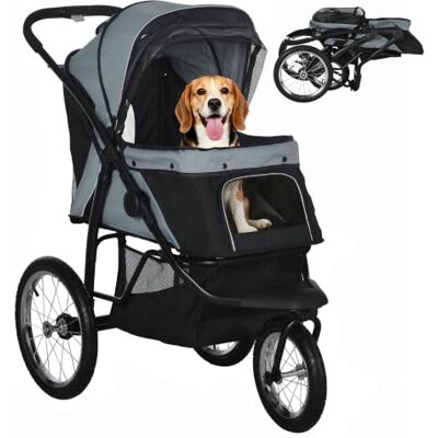 Pawhut Opvouwbare hondenwagen voor middelgrote en kleine rassen, grijs Jogger, kinderwagen voor huisdieren, rubberen wielen, wasbaar kussen Pawhut Opvouwbare hondenwagen voor middelgrote en kleine rassen, grijs Jogger, kinderwagen voor huisdieren, rubberen wielen, wasbaar kussen