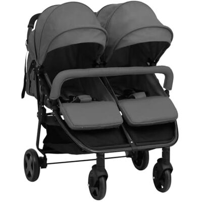 vidaXL Kinderwagen met twee zitplaatsen, opvouwbaar, voor op reis, peuters, buiten, uv-bescherming, donkergrijs en zwart staal vidaXL Kinderwagen met twee zitplaatsen, opvouwbaar, voor op reis, peuters, buiten, uv-bescherming, donkergrijs en zwart staal