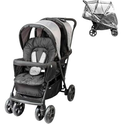 BAMBISOL Dubbele kinderwagen, volledig uitgerust, regenbekleding inbegrepen, eenvoudig op te vouwen, grijs/zwart BAMBISOL Dubbele kinderwagen, volledig uitgerust, regenbekleding inbegrepen, eenvoudig op te vouwen, grijs/zwart