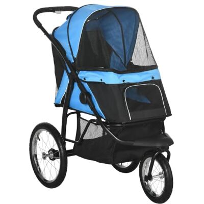Pawhut Opvouwbare hondenwagen voor middelgrote en kleine rassen, blauw Jogger, kinderwagen voor huisdieren, rubberen wielen, wasbaar kussen Pawhut Opvouwbare hondenwagen voor middelgrote en kleine rassen, blauw Jogger, kinderwagen voor huisdieren, rubberen wielen, wasbaar kussen