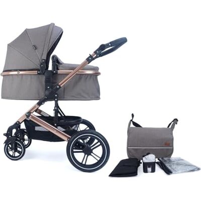 Pixini Neyla Combi-kinderwagen met stoffen bak, buggy, luiertas, bekerhouder, regenzeil, muggennet, aankleedkussen (goud/bruin) Pixini Neyla Combi-kinderwagen met stoffen bak, buggy, luiertas, bekerhouder, regenzeil, muggennet, aankleedkussen (goud/bruin)