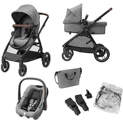 Maxi-Cosi Zelia S Trio 3-in-1 kinderwagen, 0 tot 4 jaar, tot 22 kg, opvouwbaar, compact en kantelbaar, met babyautostoel, CabrioFix S i-Size, accessoires, luiertas, grijs Maxi-Cosi Zelia S Trio 3-in-1 kinderwagen, 0 tot 4 jaar, tot 22 kg, opvouwbaar, compact en kantelbaar, met babyautostoel, CabrioFix S i-Size, accessoires, luiertas, grijs
