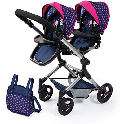 Bayer Design Dubbele poppenwagen met tas Dubbele in hoogte verstelbare kinderwagen, opvouwbaar, geïntegreerde mand, springzak, draaibare voorwielen Bayer Design Dubbele poppenwagen met tas Dubbele in hoogte verstelbare kinderwagen, opvouwbaar, geïntegreerde mand, springzak, draaibare voorwielen
