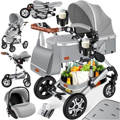 KESSER ® Loops 3-in-1 multifunctionele kinderwagen, complete set met babybad en buggy sportstoel, volledig rubberen banden, luiertas, regenbescherming, kindertafelset, asfalt, grijs/zilver KESSER ® Loops 3-in-1 multifunctionele kinderwagen, complete set met babybad en buggy sportstoel, volledig rubberen banden, luiertas, regenbescherming, kindertafelset, asfalt, grijs/zilver