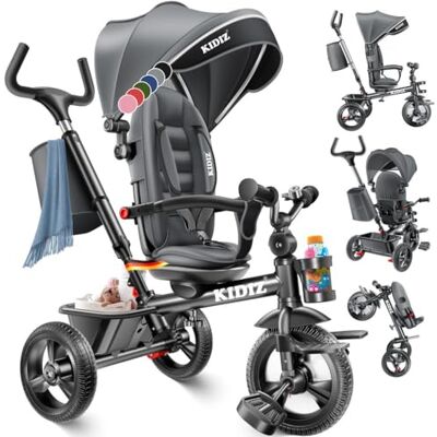 KIDIZ ® Driewieler 5-in-1 kinderdriewieler met duwstang, stuursysteem, stang vanaf 1 jaar vooruit en achteruit, jogger, mand, tas, bekerhouder, zonnedak, rubberen wielen, buggy, fiets, baby inklapbaar, grijs KIDIZ ® Driewieler 5-in-1 kinderdriewieler met duwstang, stuursysteem, stang vanaf 1 jaar vooruit en achteruit, jogger, mand, tas, bekerhouder, zonnedak, rubberen wielen, buggy, fiets, baby inklapbaar, grijs