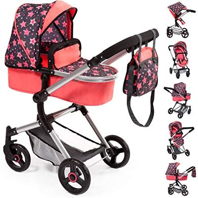 Bayer Design 18405AA Poppenwagen Neo Vario, wandelwagen, verstelbare en zwenkbaar duwstang, met tas,rood, zwart met sterren Bayer Design 18405AA Poppenwagen Neo Vario, wandelwagen, verstelbare en zwenkbaar duwstang, met tas,rood, zwart met sterren