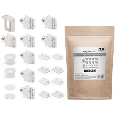 Reer Set van 8 magnetische sloten in papieren zak, magnetische kinderbeveiliging, beveiliging voor kasten en laden om te plakken, veiligheid voor baby's en kinderen, eersteklas uitrusting Reer Set van 8 magnetische sloten in papieren zak, magnetische kinderbeveiliging, beveiliging voor kasten en laden om te plakken, veiligheid voor baby's en kinderen, eersteklas uitrusting