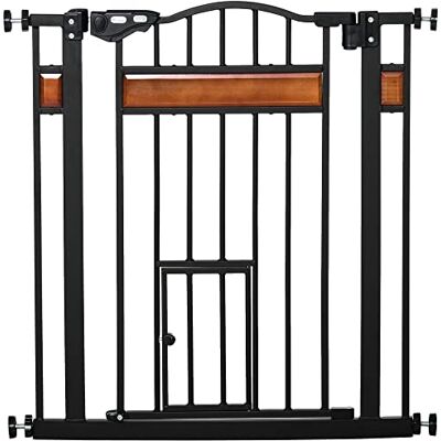 Pawhut Veiligheidshek voor dieren met deur, automatische sluiting, dubbel vergrendelingssysteem, zonder boren, 74 tot 80 cm, staal, grenenhout, zwart Pawhut Veiligheidshek voor dieren met deur, automatische sluiting, dubbel vergrendelingssysteem, zonder boren, 74 tot 80 cm, staal, grenenhout, zwart