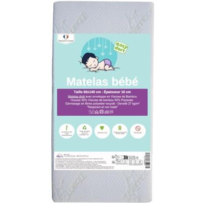 Easy dort Babymatras, 60 x 140 cm, wieg of babybed, gemaakt in Frankrijk, zomer en winter, dubbelzijdig, zeer comfortabel, bamboehoes, wit Easy dort Babymatras, 60 x 140 cm, wieg of babybed, gemaakt in Frankrijk, zomer en winter, dubbelzijdig, zeer comfortabel, bamboehoes, wit