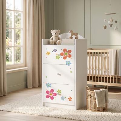 Happy Babies Kindercommode wit met 3 laden, ladekast met mooie print, waskast voor kinderkamer, babykamer, uniseks, nr. 4 Happy Babies Kindercommode wit met 3 laden, ladekast met mooie print, waskast voor kinderkamer, babykamer, uniseks, nr. 4