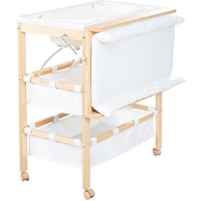 roba verzorgingstafel met bad, 2-in-1 Baby Pool + waterdicht verzorgingskussen op draaibare luiertafel + 2 vakken – babybad vanaf de geboorte – natuurlijk hout roba verzorgingstafel met bad, 2-in-1 Baby Pool + waterdicht verzorgingskussen op draaibare luiertafel + 2 vakken – babybad vanaf de geboorte – natuurlijk hout