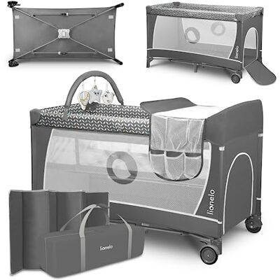 Lionelo Flower 2-in-1 reisbed, box vanaf de geboorte, opvouwbaar, tot 11 kg, met aankleedkussen met opberging, hoofdband met hangspeelgoed, grijs Ouverture Latérale, Roulettes, Pliage Compact avec Sac de Transport, Système LockGuard, de la Naissance à 3 Lionelo Flower 2-in-1 reisbed, box vanaf de geboorte, opvouwbaar, tot 11 kg, met aankleedkussen met opberging, hoofdband met hangspeelgoed, grijs Ouverture Latérale, Roulettes, Pliage Compact avec Sac de Transport, Système LockGuard, de la Naissance à 3