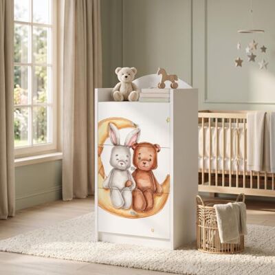 Happy Babies Kindercommode wit met 3 laden, ladekast met mooie print, waskast voor kinderkamer, babykamer, uniseks, nr. 105 Happy Babies Kindercommode wit met 3 laden, ladekast met mooie print, waskast voor kinderkamer, babykamer, uniseks, nr. 105