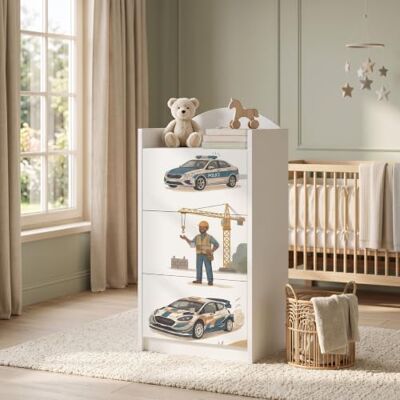 Happy Babies Kindercommode wit met 3 laden, ladekast met mooie print, waskast voor kinderkamer, babykamer, uniseks, nr. 390 Happy Babies Kindercommode wit met 3 laden, ladekast met mooie print, waskast voor kinderkamer, babykamer, uniseks, nr. 390