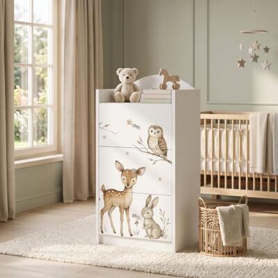 Happy Babies Kindercommode wit met 3 laden, ladekast met mooie print, waskast voor kinderkamer, babykamer, uniseks, nr. 385 Happy Babies Kindercommode wit met 3 laden, ladekast met mooie print, waskast voor kinderkamer, babykamer, uniseks, nr. 385
