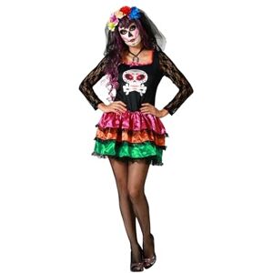 ATOSA Mexicaans skeletkostuum voor dames met korte en kleurrijke jurk, combinatie van traditionele elementen, dag van de doden, modern en feestelijk, Halloween ATOSA Mexicaans skeletkostuum voor dames met korte en kleurrijke jurk, combinatie van traditionele elementen, dag van de doden, modern en feestelijk, Halloween