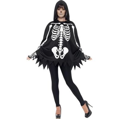 Smiffys Uniseks skeletset, zwart met poncho en handschoenen, Halloween-kostuum voor volwassenen, skeletkostuumaccessoires Smiffys Uniseks skeletset, zwart met poncho en handschoenen, Halloween-kostuum voor volwassenen, skeletkostuumaccessoires