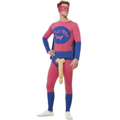 Smiffys Willyman Roze Blauw Superheldenkostuum met jumpsuit, oogmasker en overbroek, grappig kostuum voor volwassenen Smiffys Willyman Roze Blauw Superheldenkostuum met jumpsuit, oogmasker en overbroek, grappig kostuum voor volwassenen